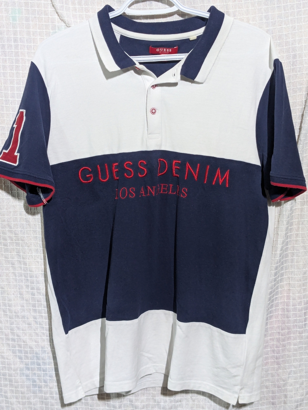 GUESS Two-Tone Colorblock Polo Shirt - Navy, White & Red Logo